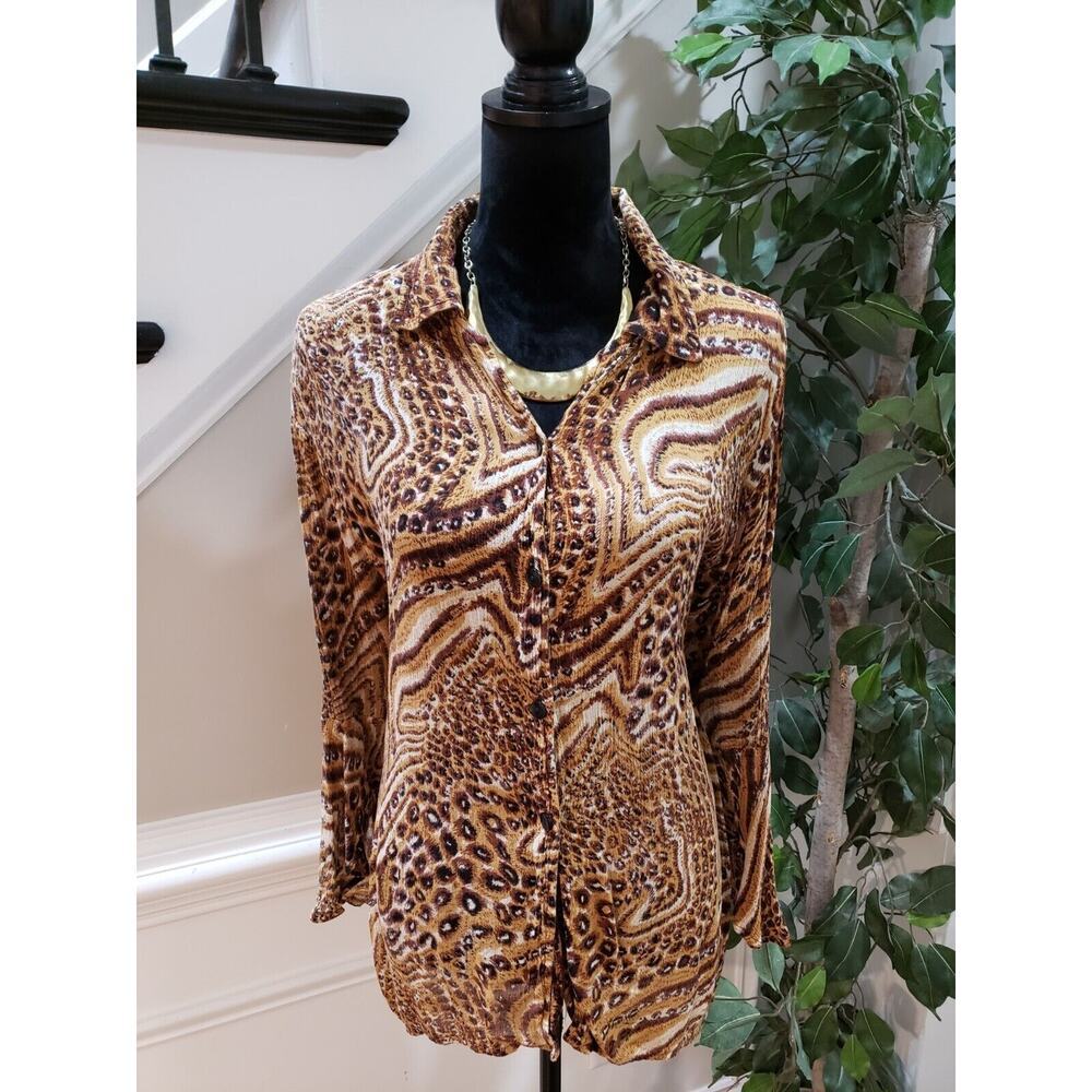 MPH Collection Womens Brown 100% Rayon Collared Long Sleeve Button Down Shirt 2X